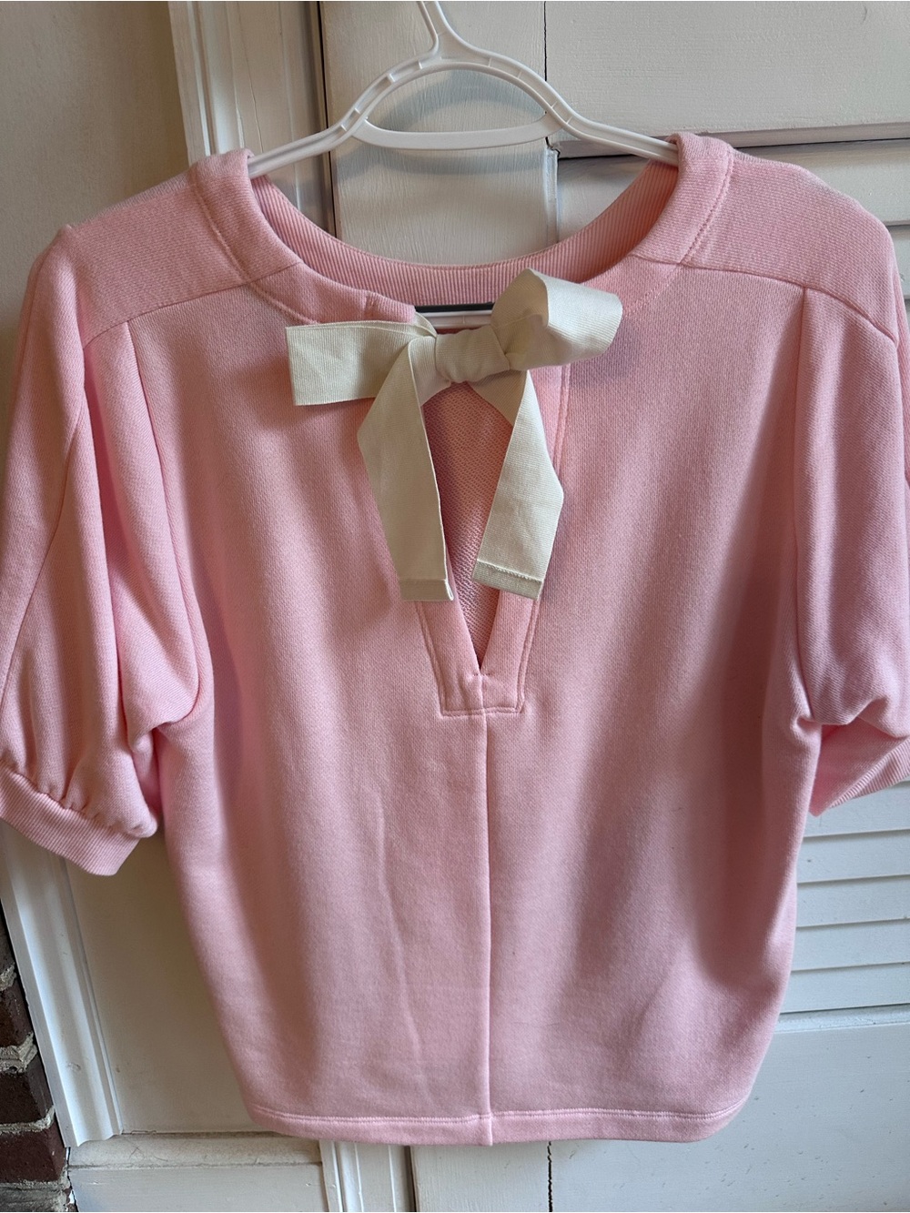 Pink Bow-Accent Short Sleeve Sweatshirt Top